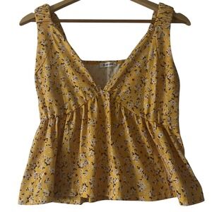 Torary Yellow Floral Babydoll Peplum Garden Party Tank Top Women's Size L